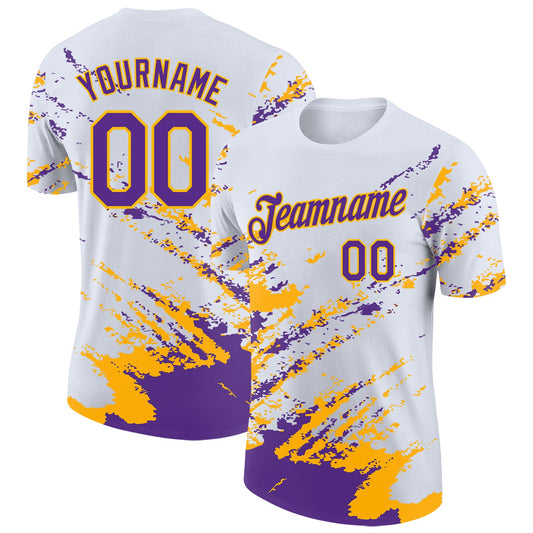 Custom White Purple-Gold Brush Stroke Shatter Splatter Performance T-Shirt - Main View