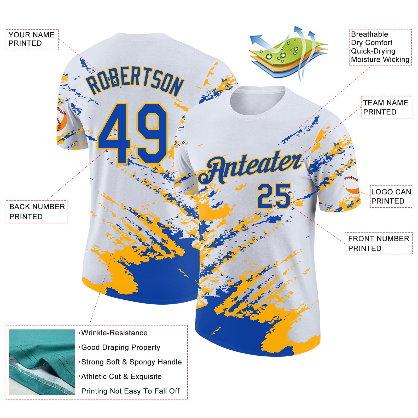 Custom White Thunder Blue-Gold Brush Stroke Shatter Splatter Performance T-Shirt view 2