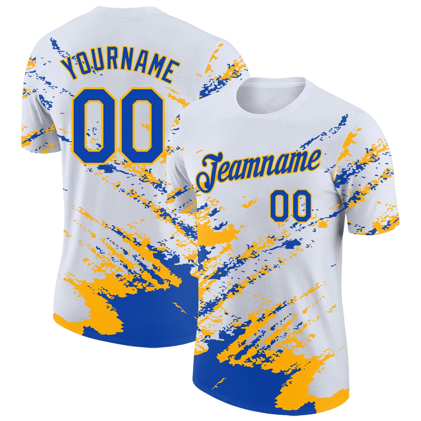 Custom White Thunder Blue-Gold Brush Stroke Shatter Splatter Performance T-Shirt - Main View