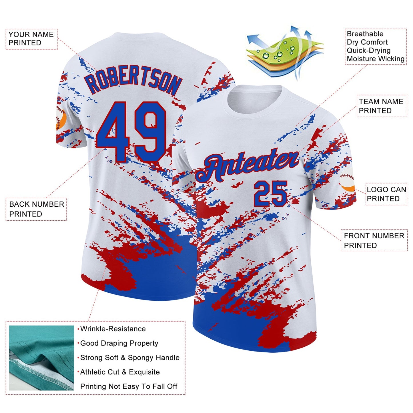 Custom White Thunder Blue-Red Brush Stroke Shatter Splatter Performance T-Shirt view 2