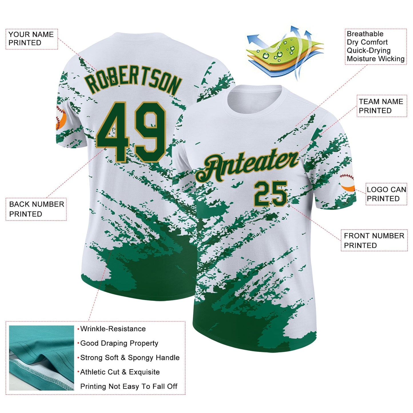 Custom White Green-Old Gold Brush Stroke Shatter Splatter Performance T-Shirt view 2