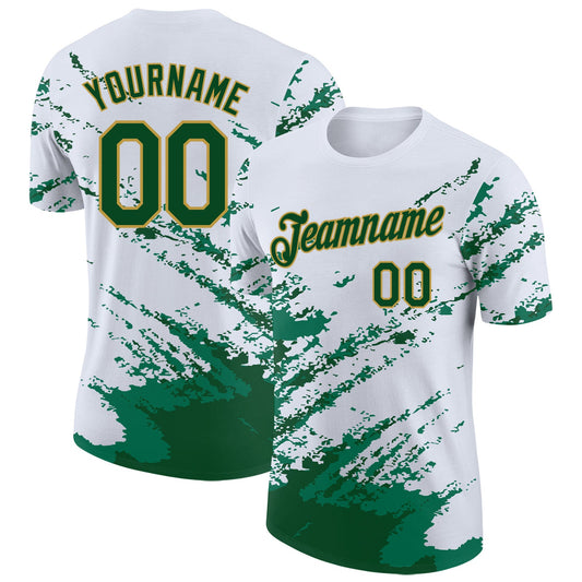 Custom White Green-Old Gold Brush Stroke Shatter Splatter Performance T-Shirt - Main View