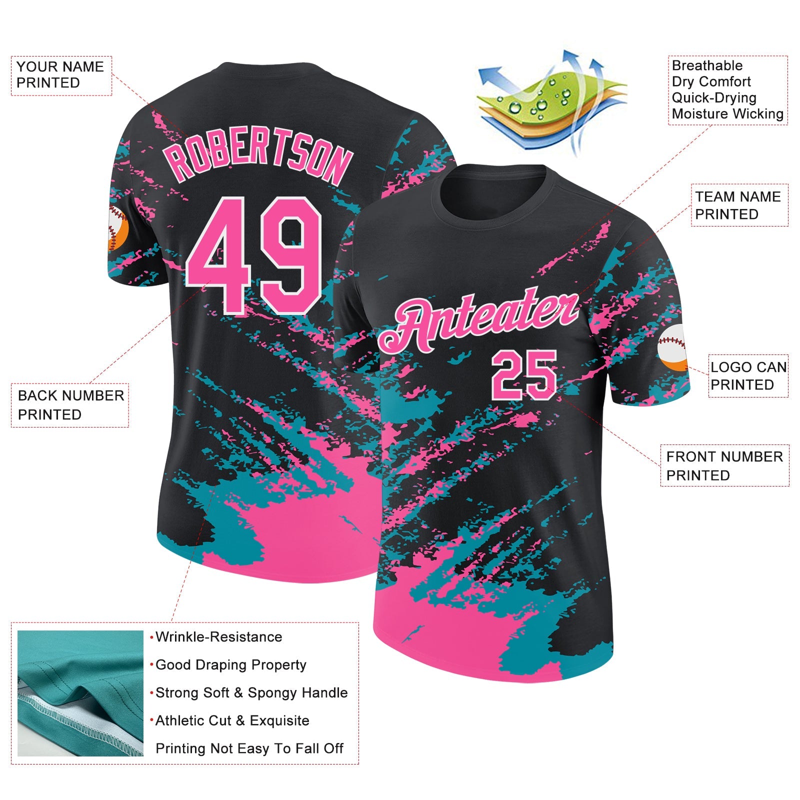 Custom Black Pink Teal-White Brush Stroke Shatter Splatter Performance T-Shirt view 2