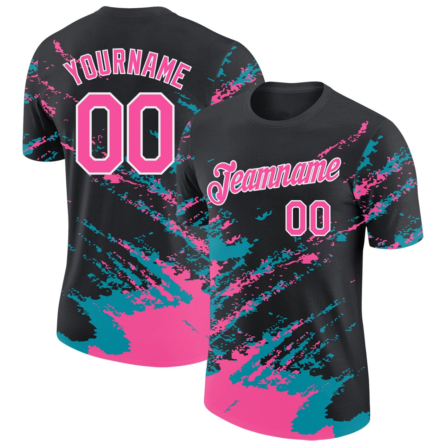 Custom Black Pink Teal-White Brush Stroke Shatter Splatter Performance T-Shirt - Main View