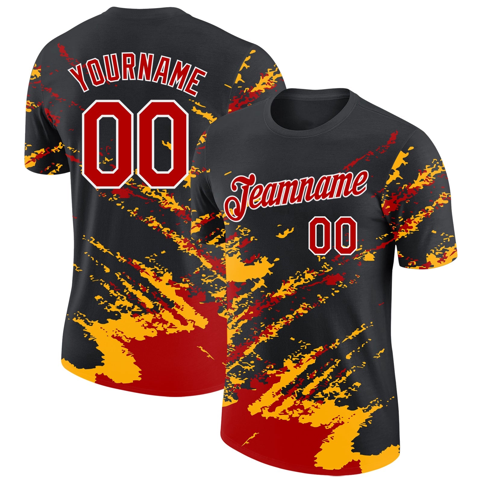 Custom Black Red Gold-White Brush Stroke Shatter Splatter Performance T-Shirt - Main View
