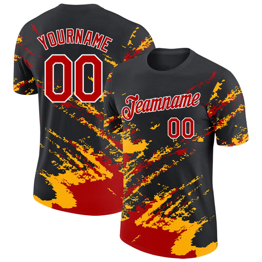 Custom Black Red Gold-White Brush Stroke Shatter Splatter Performance T-Shirt - Main View