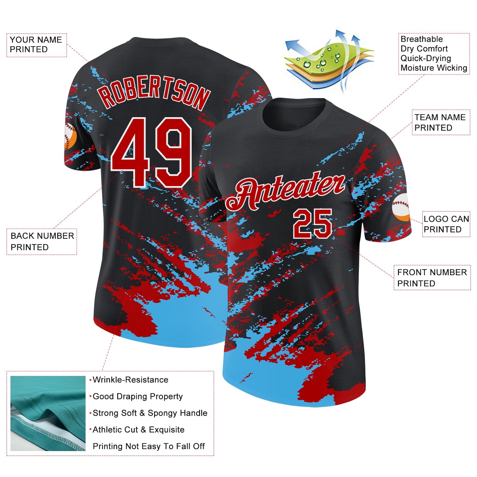 Custom Black Red Sky Blue-White Brush Stroke Shatter Splatter Performance T-Shirt view 2
