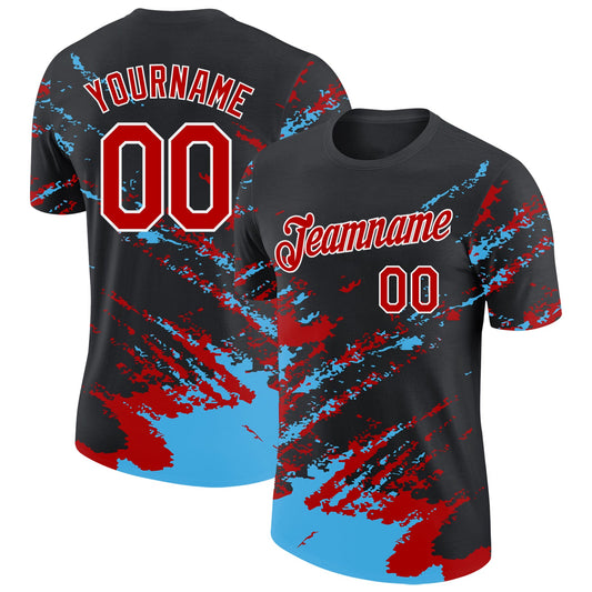 Custom Black Red Sky Blue-White Brush Stroke Shatter Splatter Performance T-Shirt - Main View