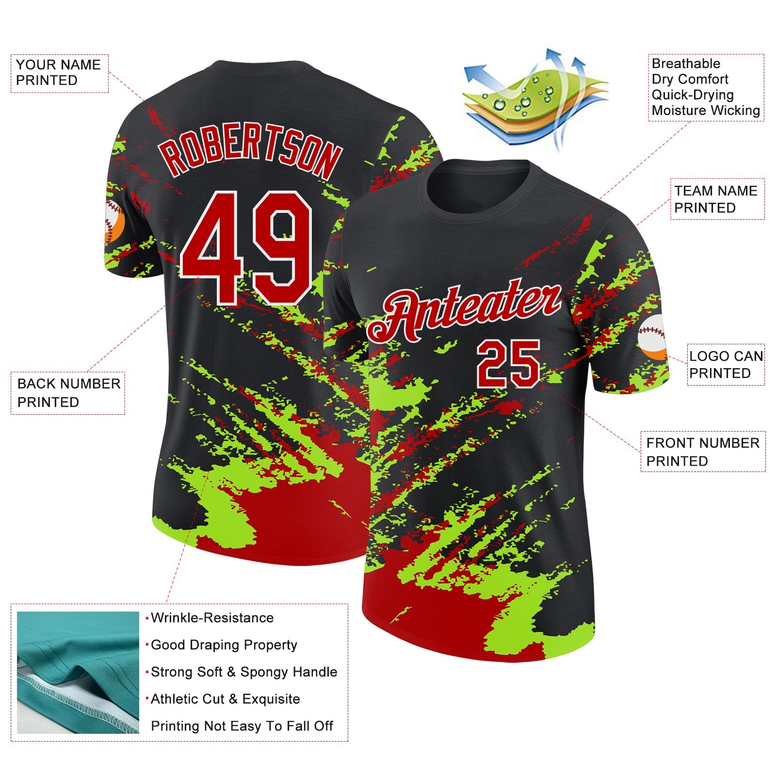 Custom Black Red Neon Green-White Brush Stroke Shatter Splatter Performance T-Shirt view 2