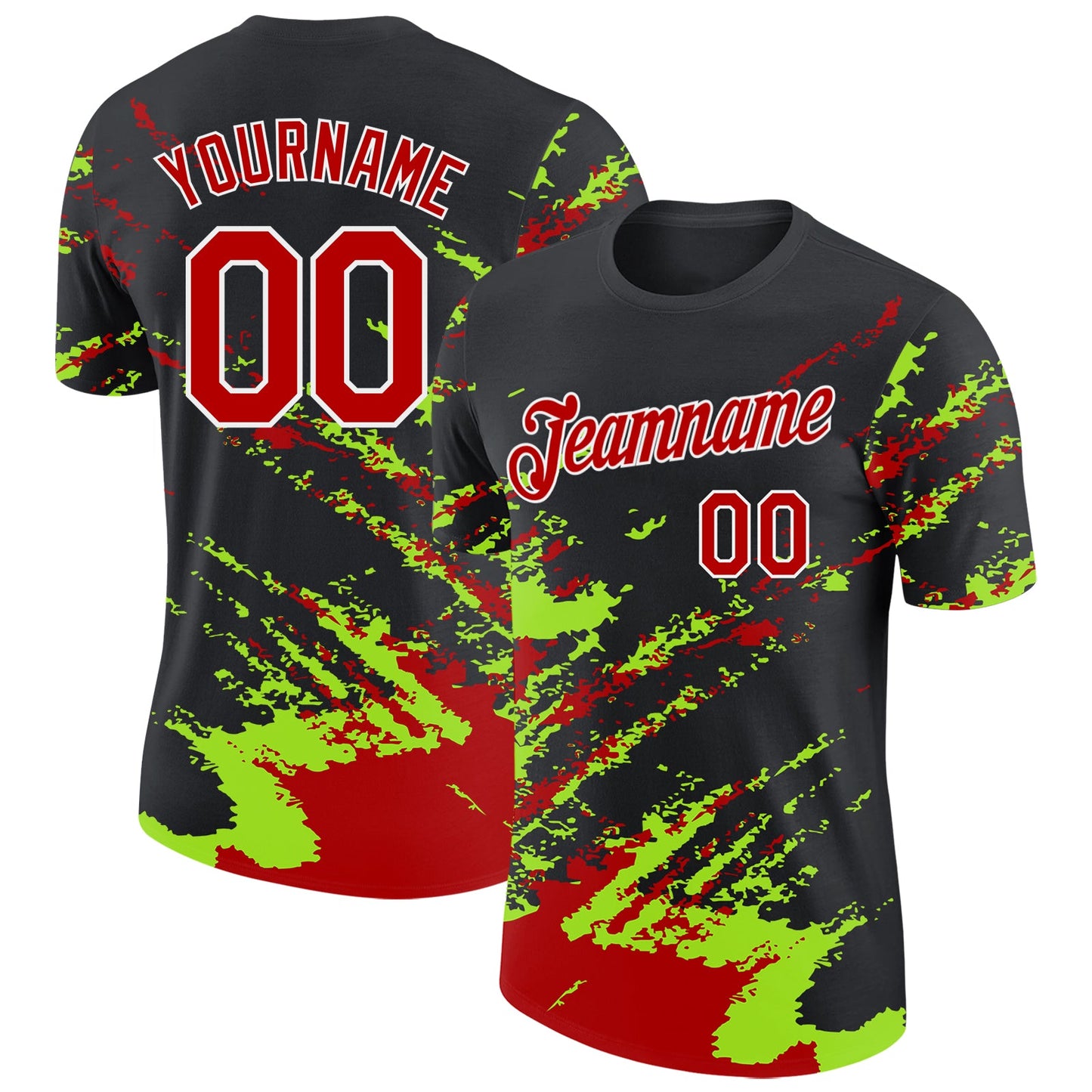 Custom Black Red Neon Green-White Brush Stroke Shatter Splatter Performance T-Shirt - Main View