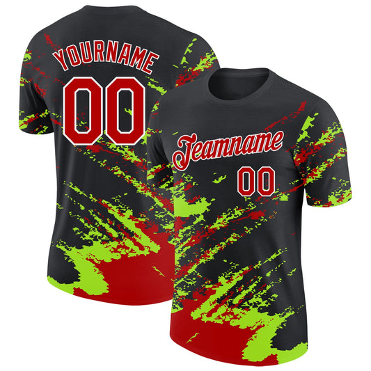 Custom Black Red Neon Green-White Brush Stroke Shatter Splatter Performance T-Shirt - Main View