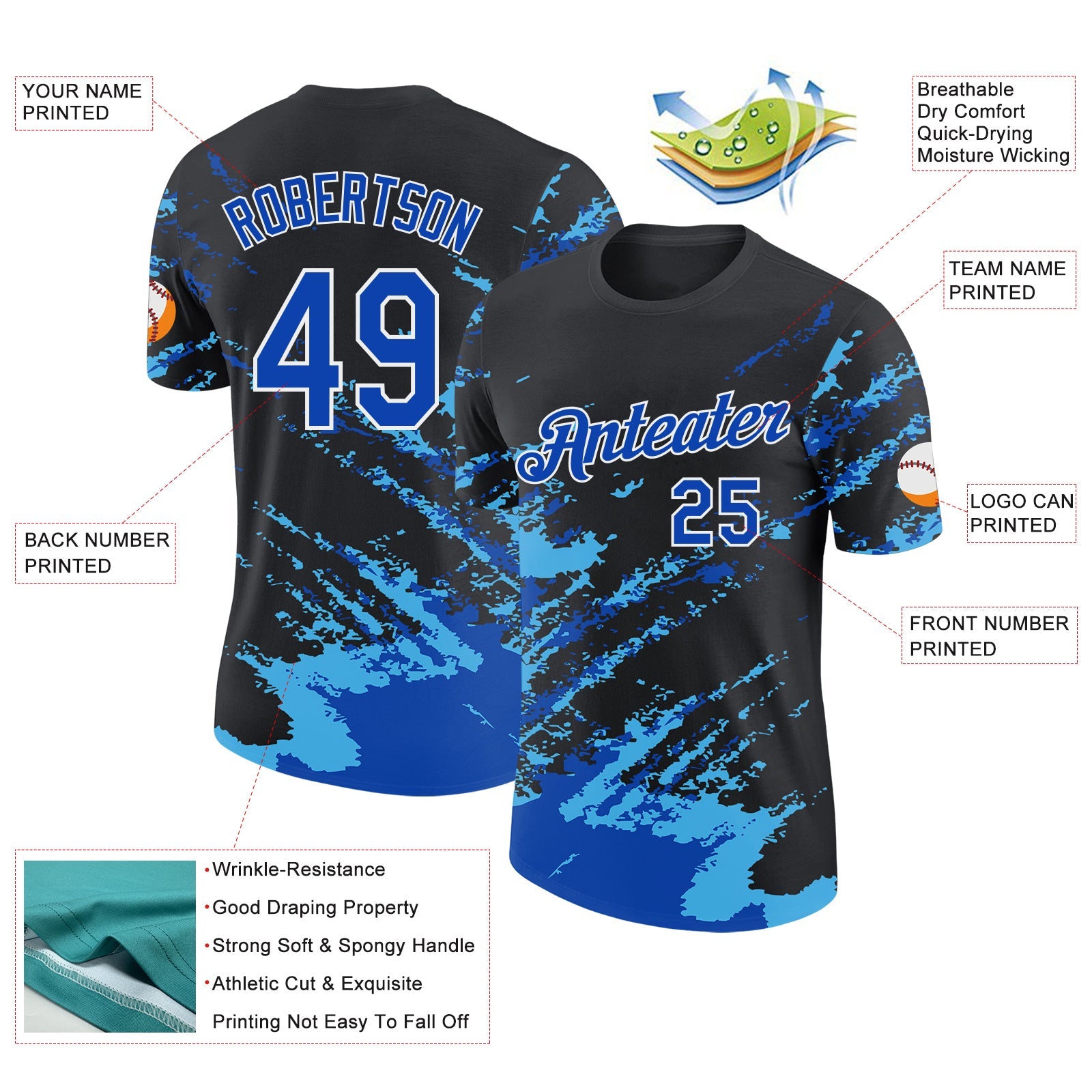 Custom Black Thunder Blue Sky Blue-White Brush Stroke Shatter Splatter Performance T-Shirt view 2