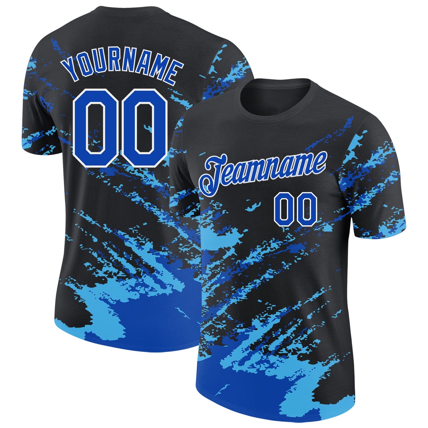 Custom Black Thunder Blue Sky Blue-White Brush Stroke Shatter Splatter Performance T-Shirt - Main View
