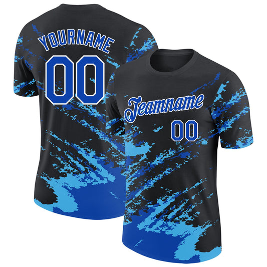 Custom Black Thunder Blue Sky Blue-White Brush Stroke Shatter Splatter Performance T-Shirt - Main View