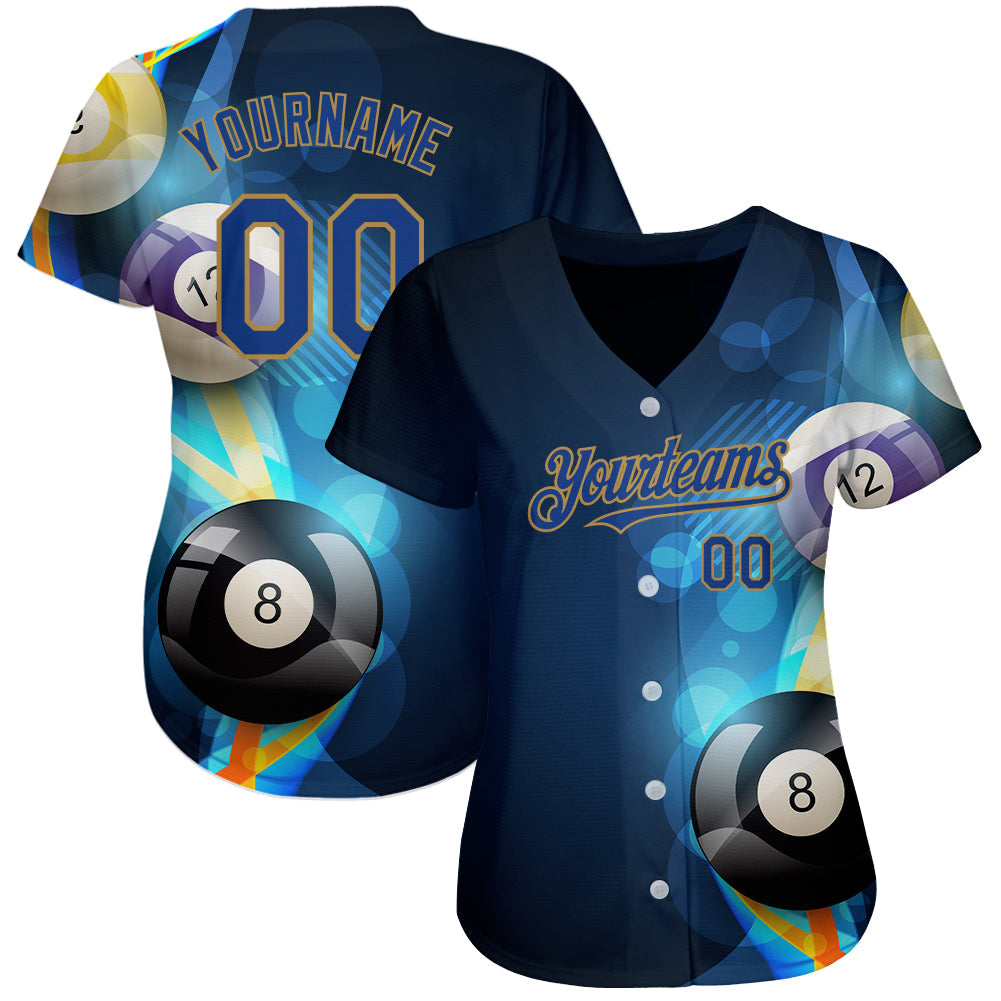 Custom Black Royal-Old Gold 3D Pattern Design Billiards Authentic Baseball Jersey view 3