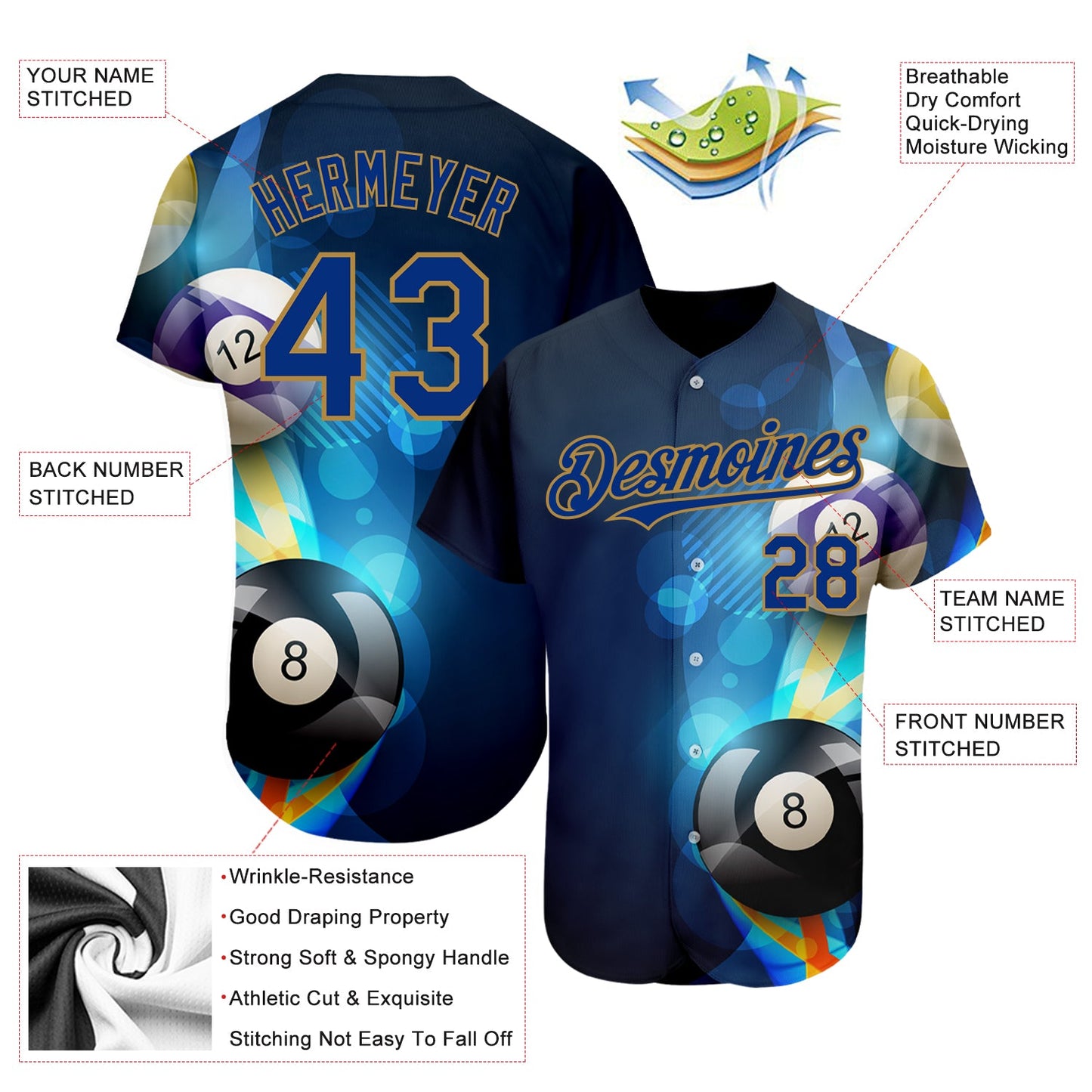 Custom Black Royal-Old Gold 3D Pattern Design Billiards Authentic Baseball Jersey view 4