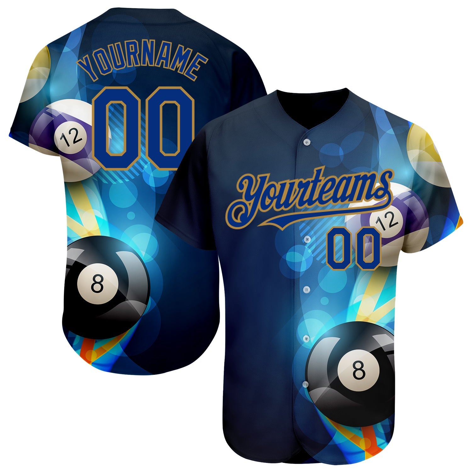 Custom Black Royal-Old Gold 3D Pattern Design Billiards Authentic Baseball Jersey - Main View