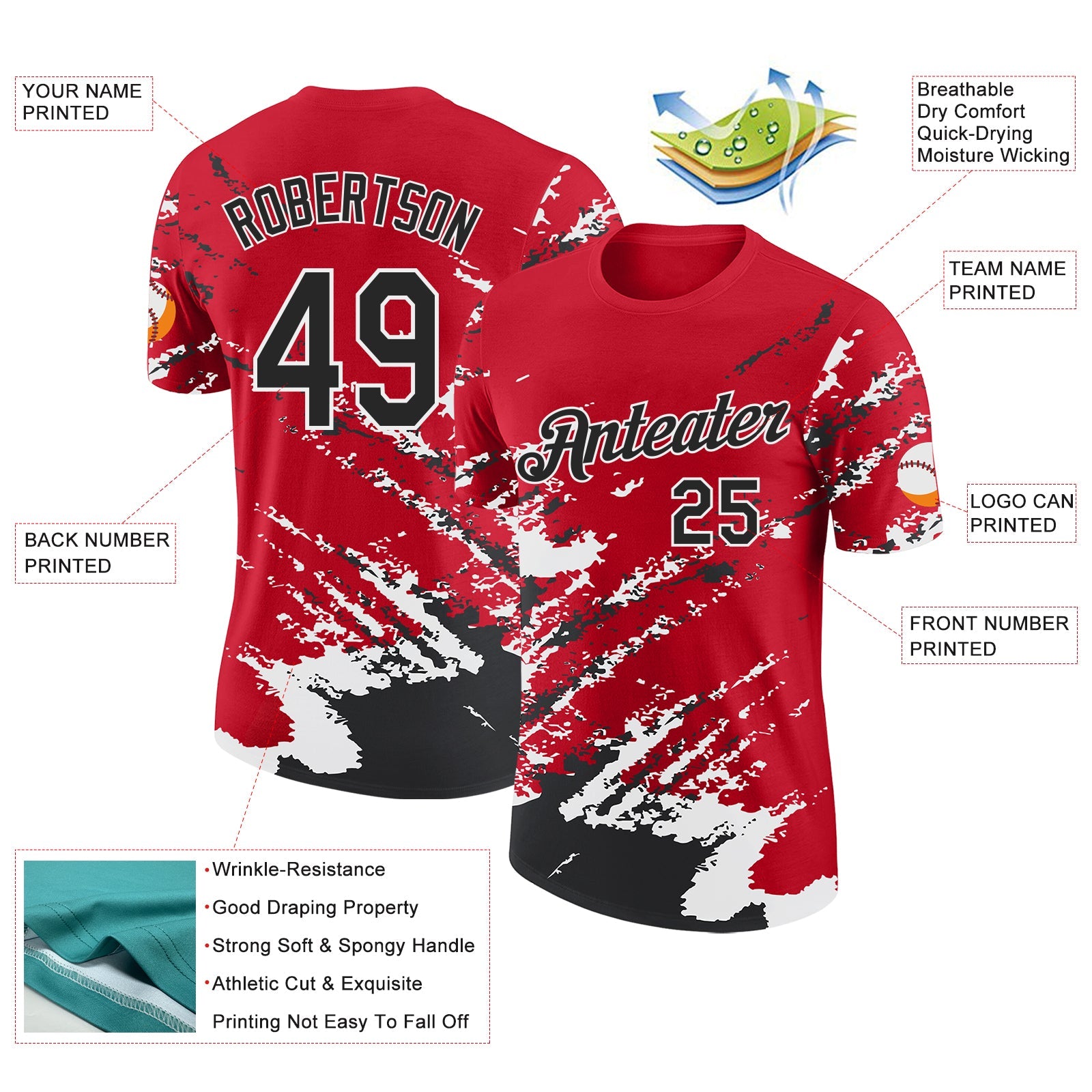 Custom Red Black-White Brush Stroke Shatter Splatter Performance T-Shirt view 2