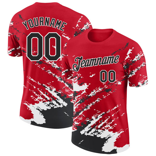 Custom Red Black-White Brush Stroke Shatter Splatter Performance T-Shirt - Main View