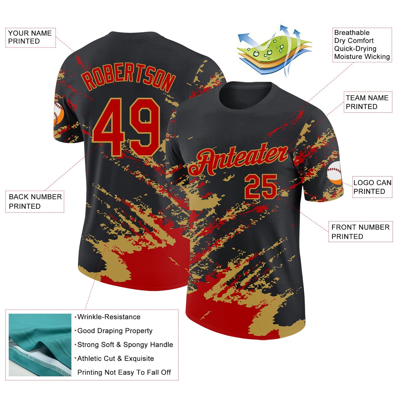 Custom Black Red-Old Gold Brush Stroke Shatter Splatter Performance T-Shirt view 2