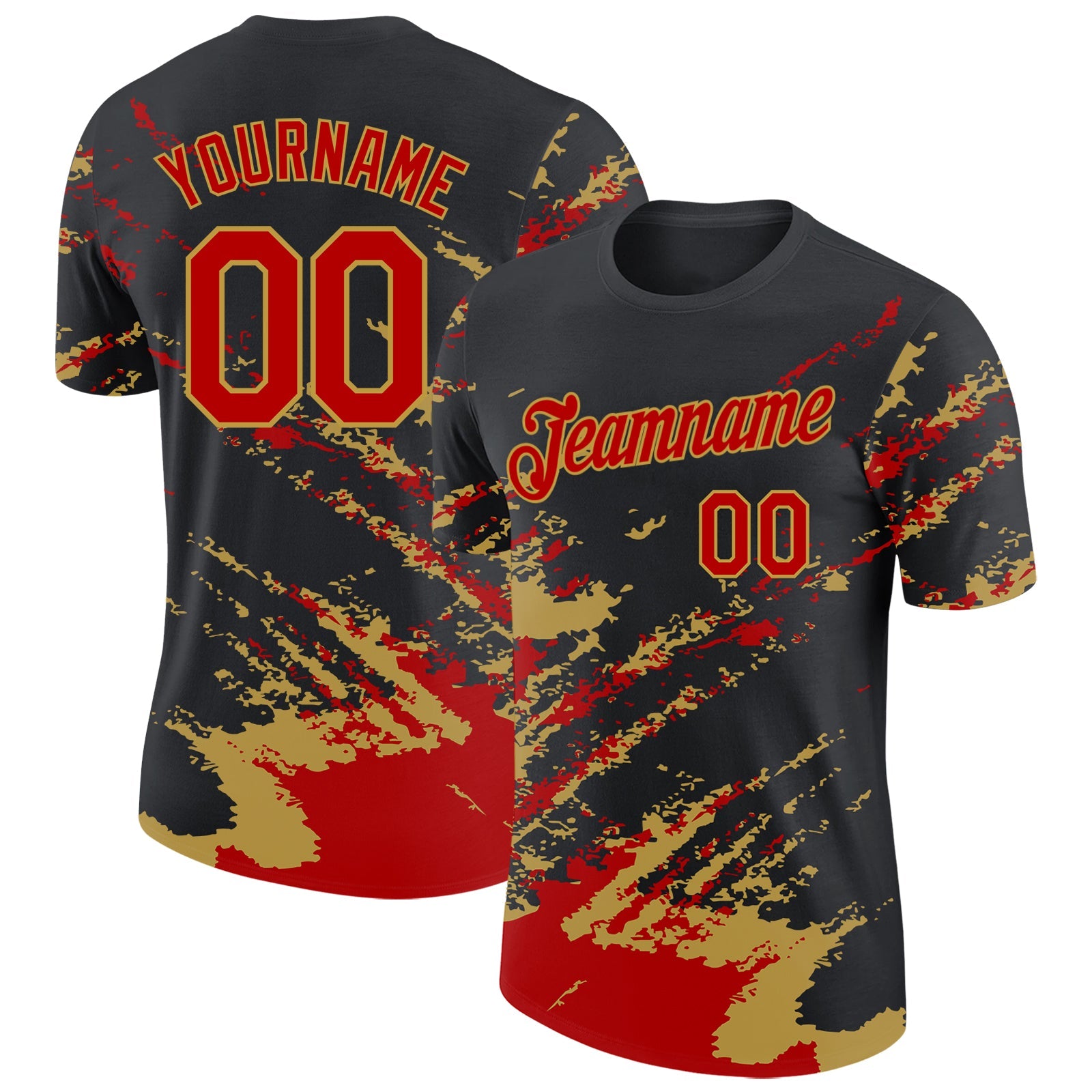 Custom Black Red-Old Gold Brush Stroke Shatter Splatter Performance T-Shirt - Main View