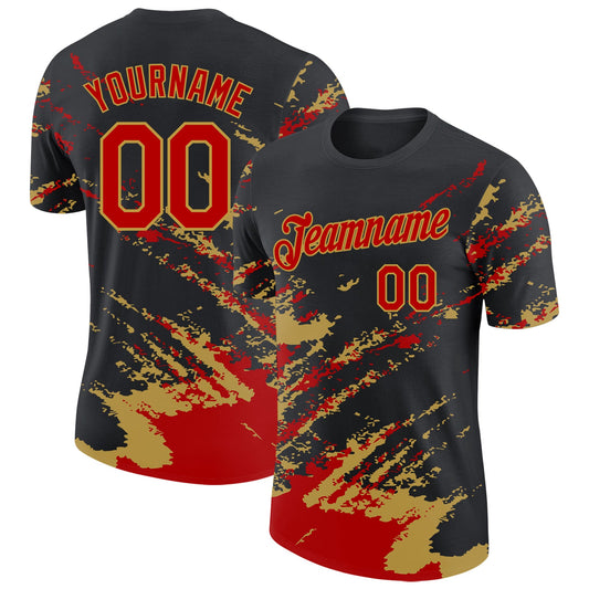 Custom Black Red-Old Gold Brush Stroke Shatter Splatter Performance T-Shirt - Main View