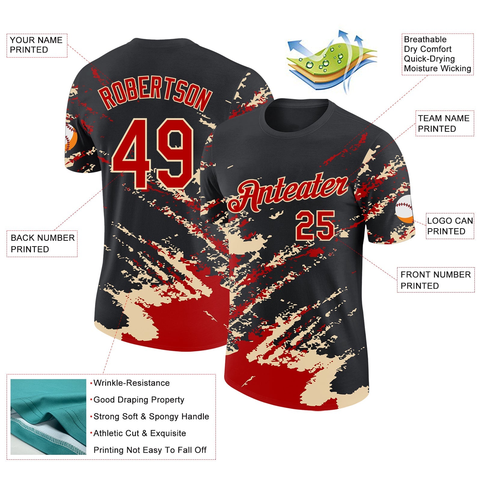 Custom Black Red-Cream Brush Stroke Shatter Splatter Performance T-Shirt view 2