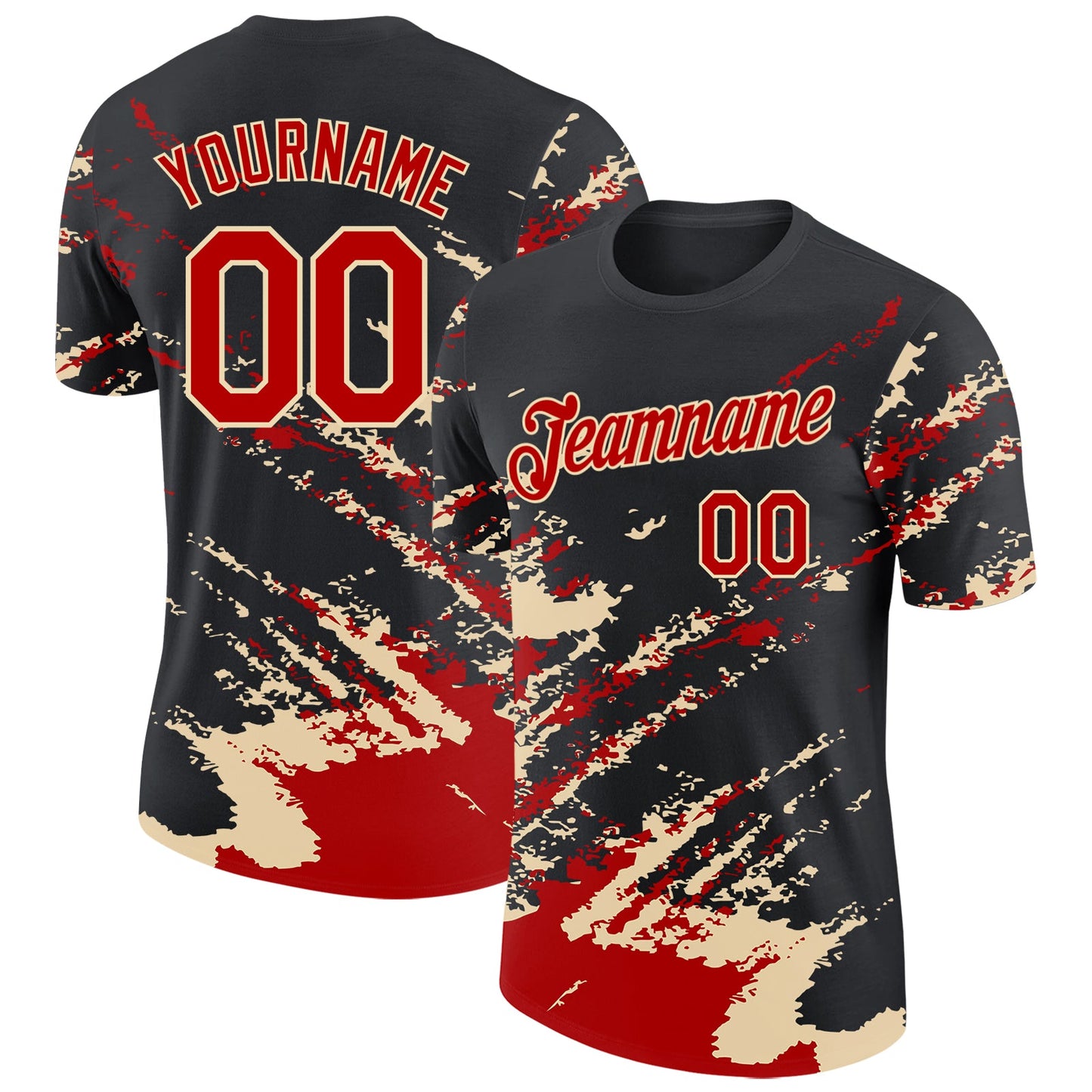 Custom Black Red-Cream Brush Stroke Shatter Splatter Performance T-Shirt - Main View