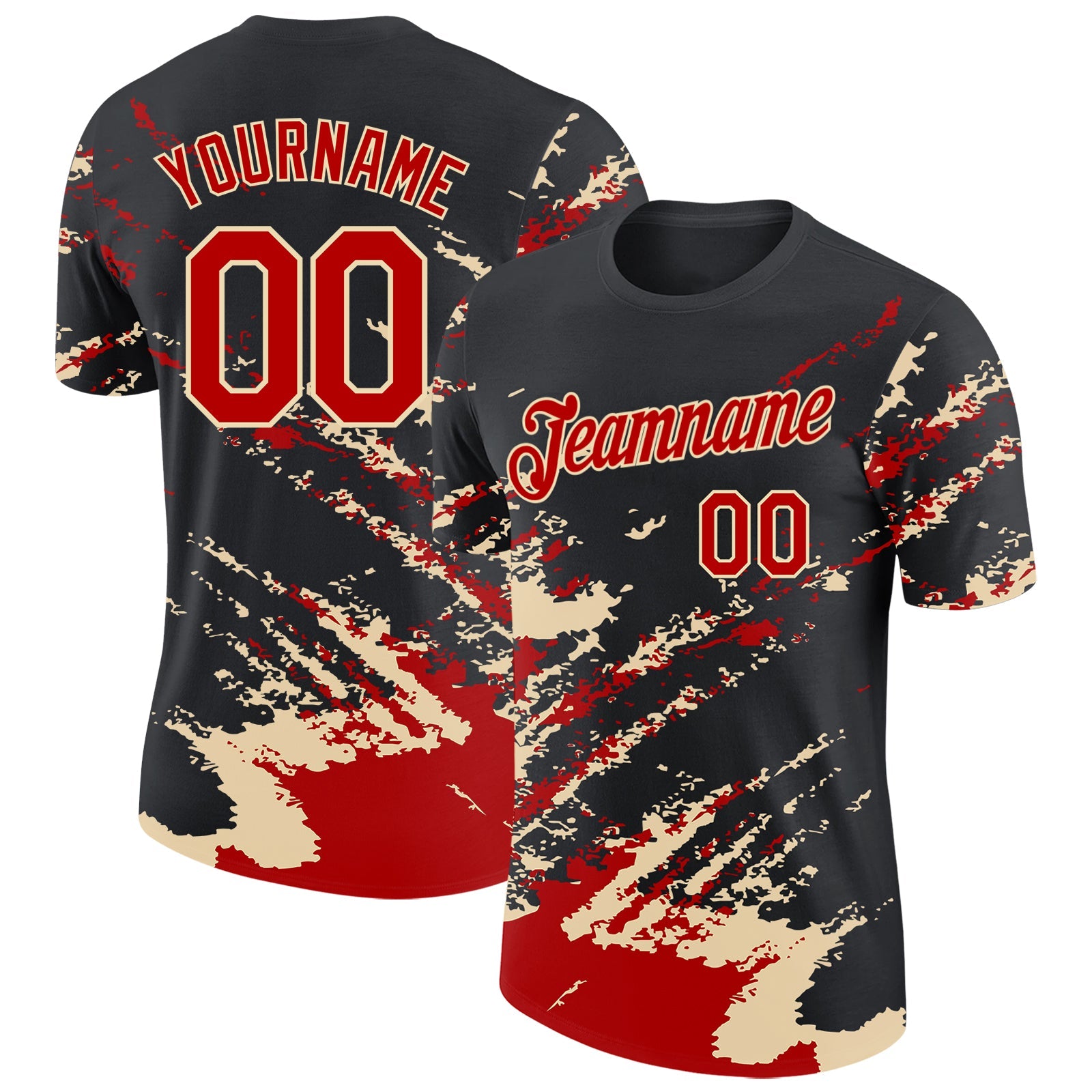 Custom Black Red-Cream Brush Stroke Shatter Splatter Performance T-Shirt - Main View