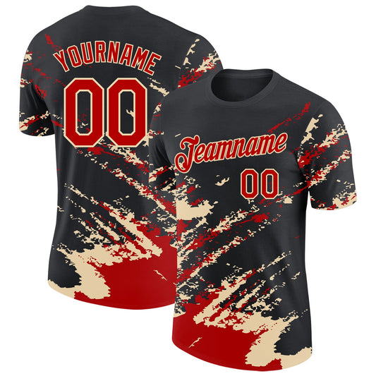 Custom Black Red-Cream Brush Stroke Shatter Splatter Performance T-Shirt - Main View