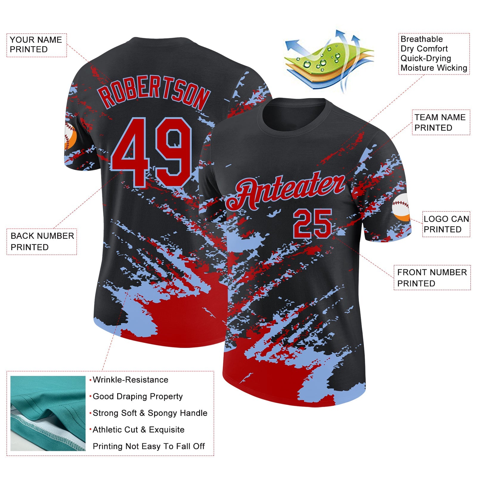 Custom Black Red-Light Blue Brush Stroke Shatter Splatter Performance T-Shirt view 2