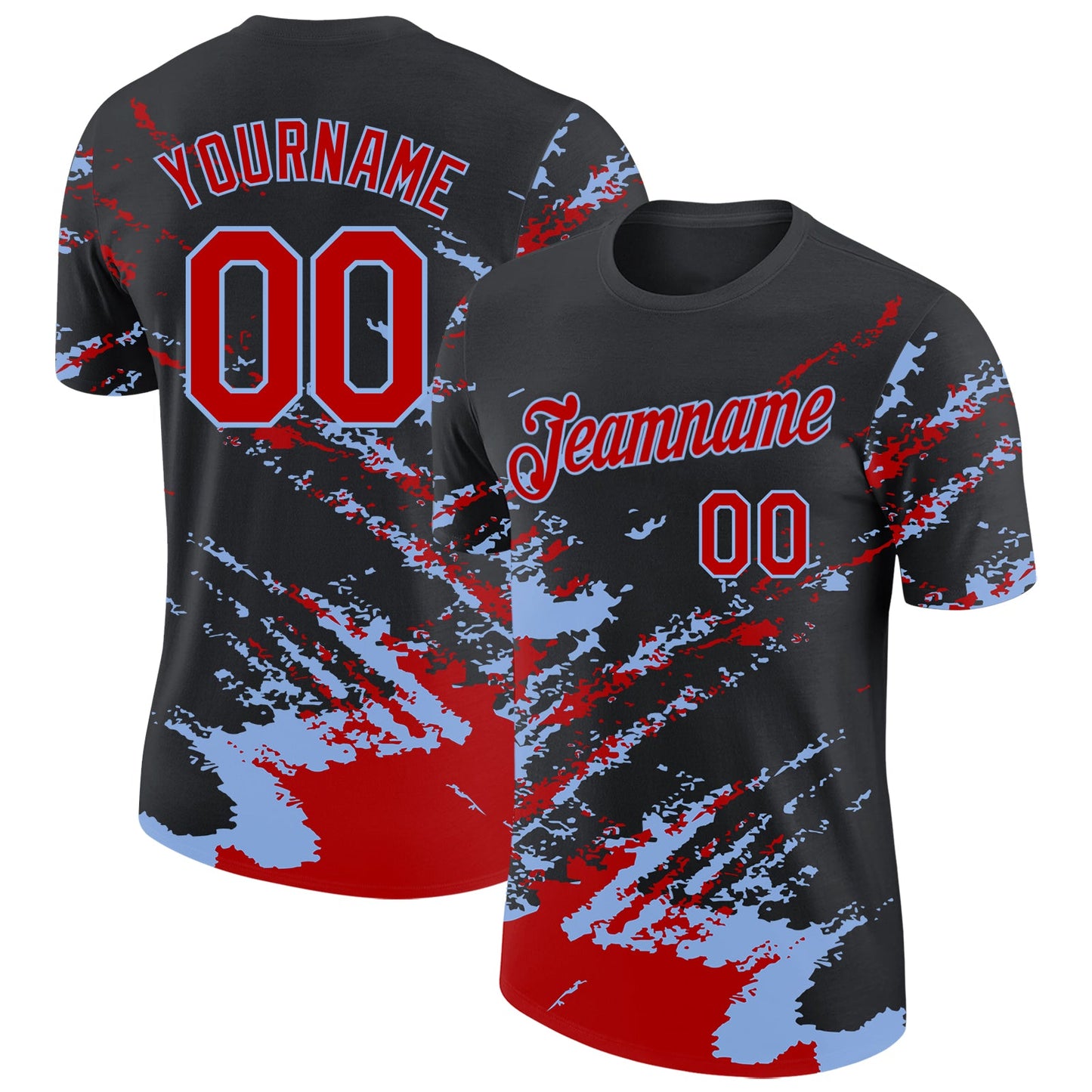 Custom Black Red-Light Blue Brush Stroke Shatter Splatter Performance T-Shirt - Main View