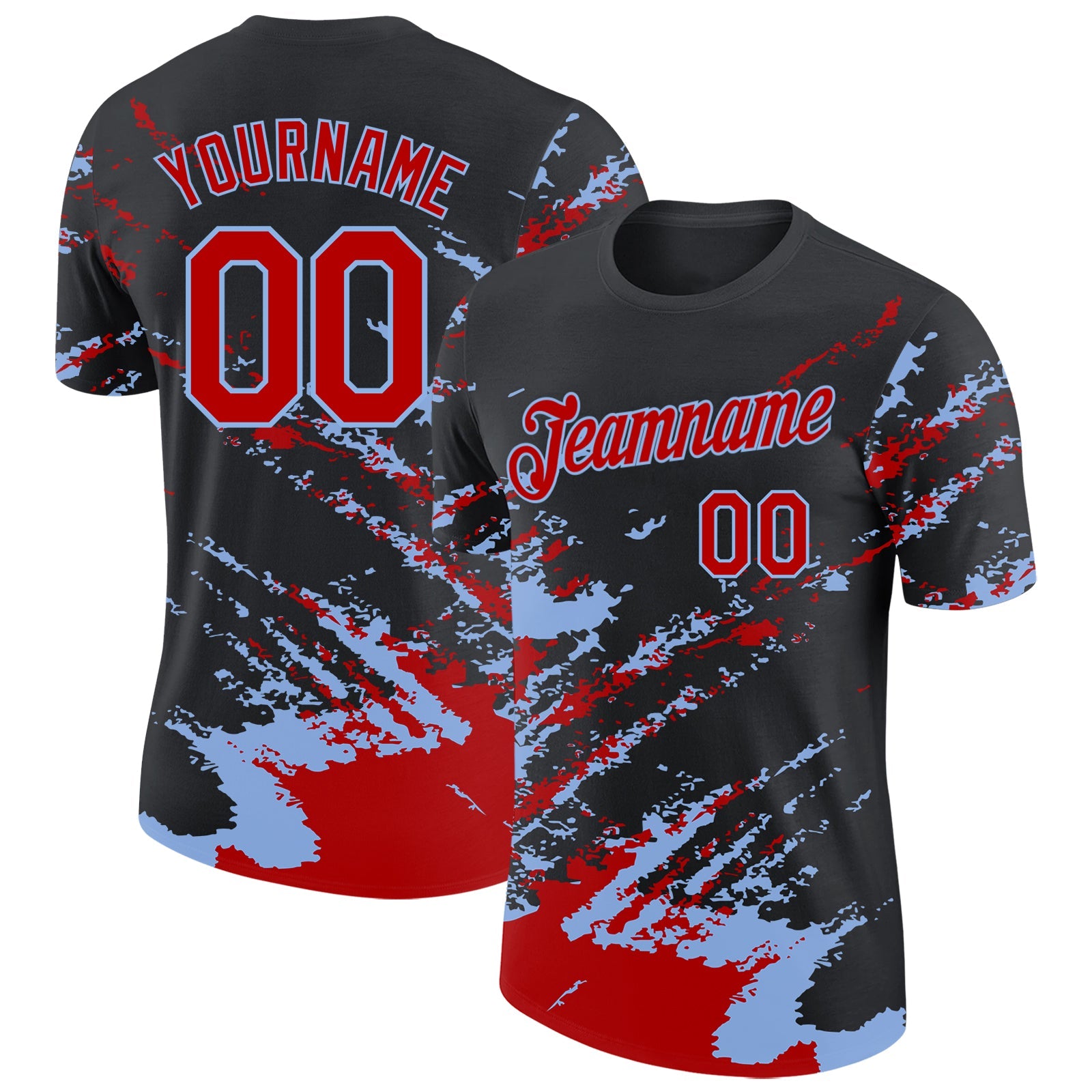 Custom Black Red-Light Blue Brush Stroke Shatter Splatter Performance T-Shirt - Main View