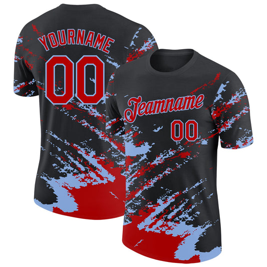 Custom Black Red-Light Blue Brush Stroke Shatter Splatter Performance T-Shirt - Main View