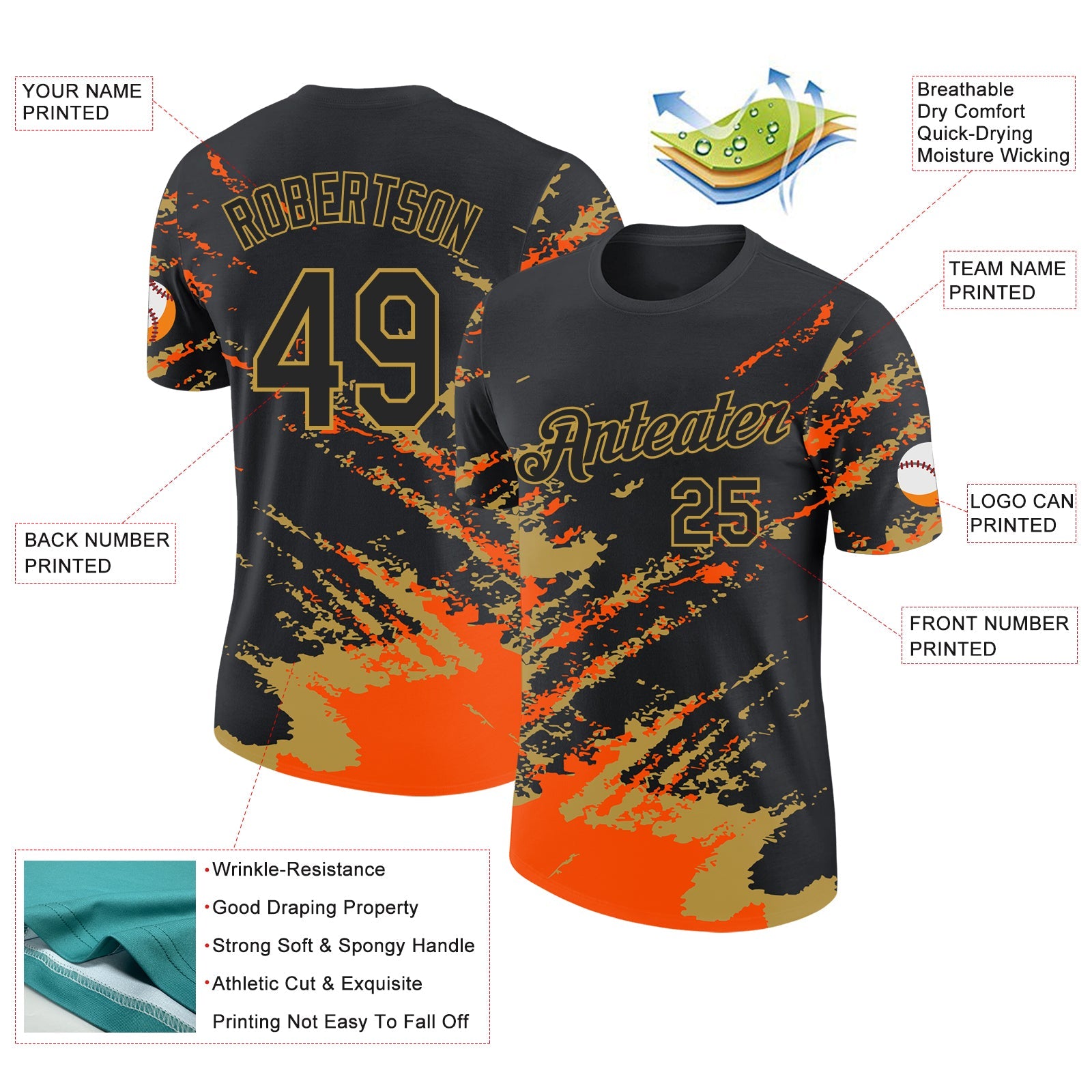 Custom Black Orange-Old Gold Brush Stroke Shatter Splatter Performance T-Shirt view 2