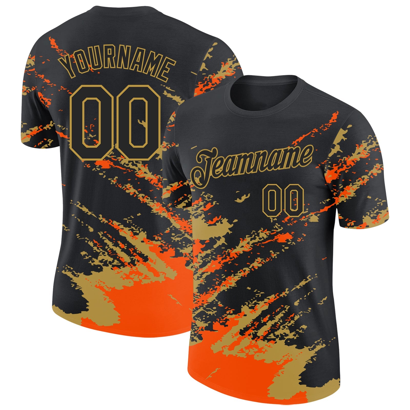 Custom Black Orange-Old Gold Brush Stroke Shatter Splatter Performance T-Shirt - Main View