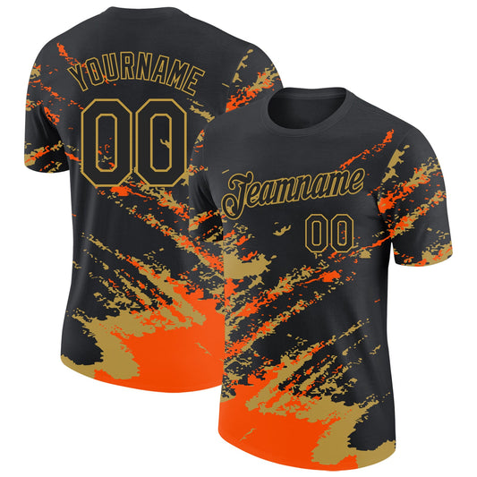 Custom Black Orange-Old Gold Brush Stroke Shatter Splatter Performance T-Shirt - Main View