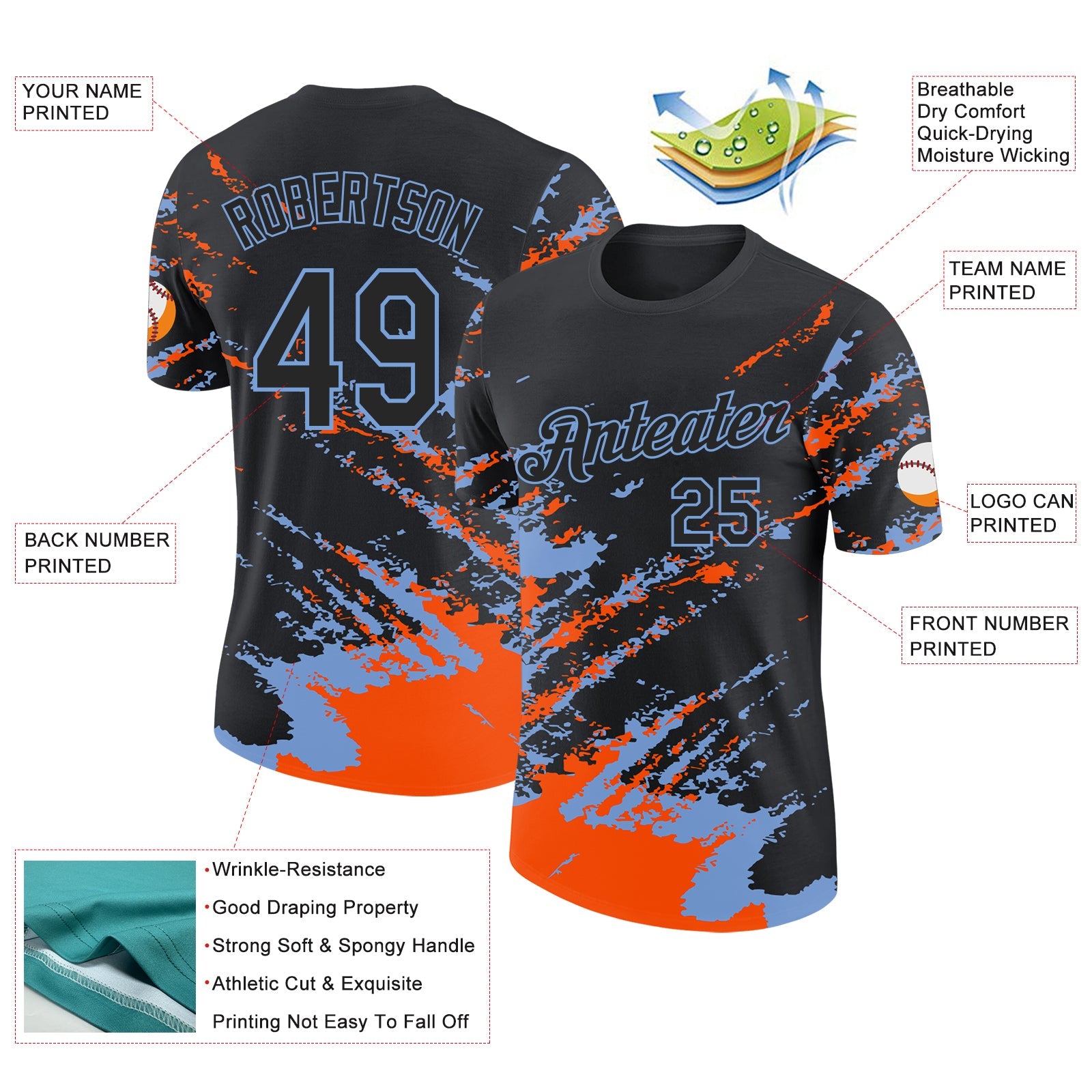 Custom Black Orange-Powder Blue Brush Stroke Shatter Splatter Performance T-Shirt view 2