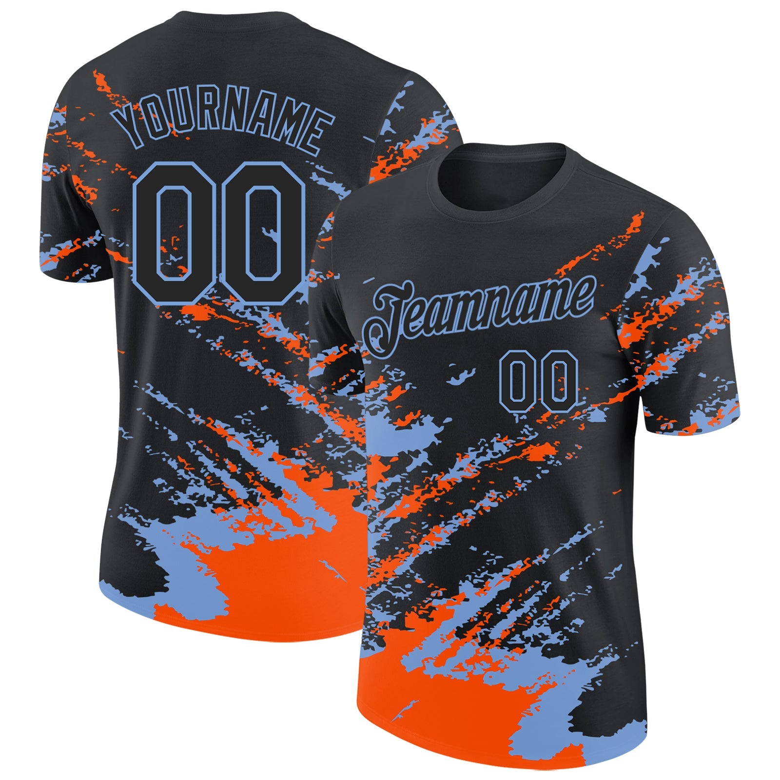 Custom Black Orange-Powder Blue Brush Stroke Shatter Splatter Performance T-Shirt - Main View