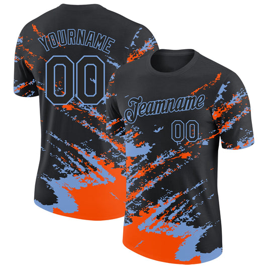 Custom Black Orange-Powder Blue Brush Stroke Shatter Splatter Performance T-Shirt - Main View