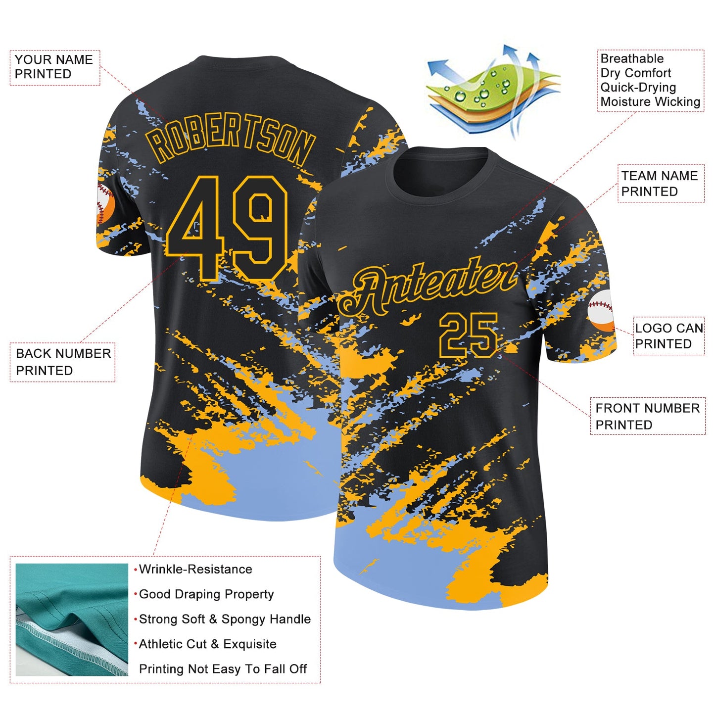 Custom Black Light Blue-Gold Brush Stroke Shatter Splatter Performance T-Shirt view 2