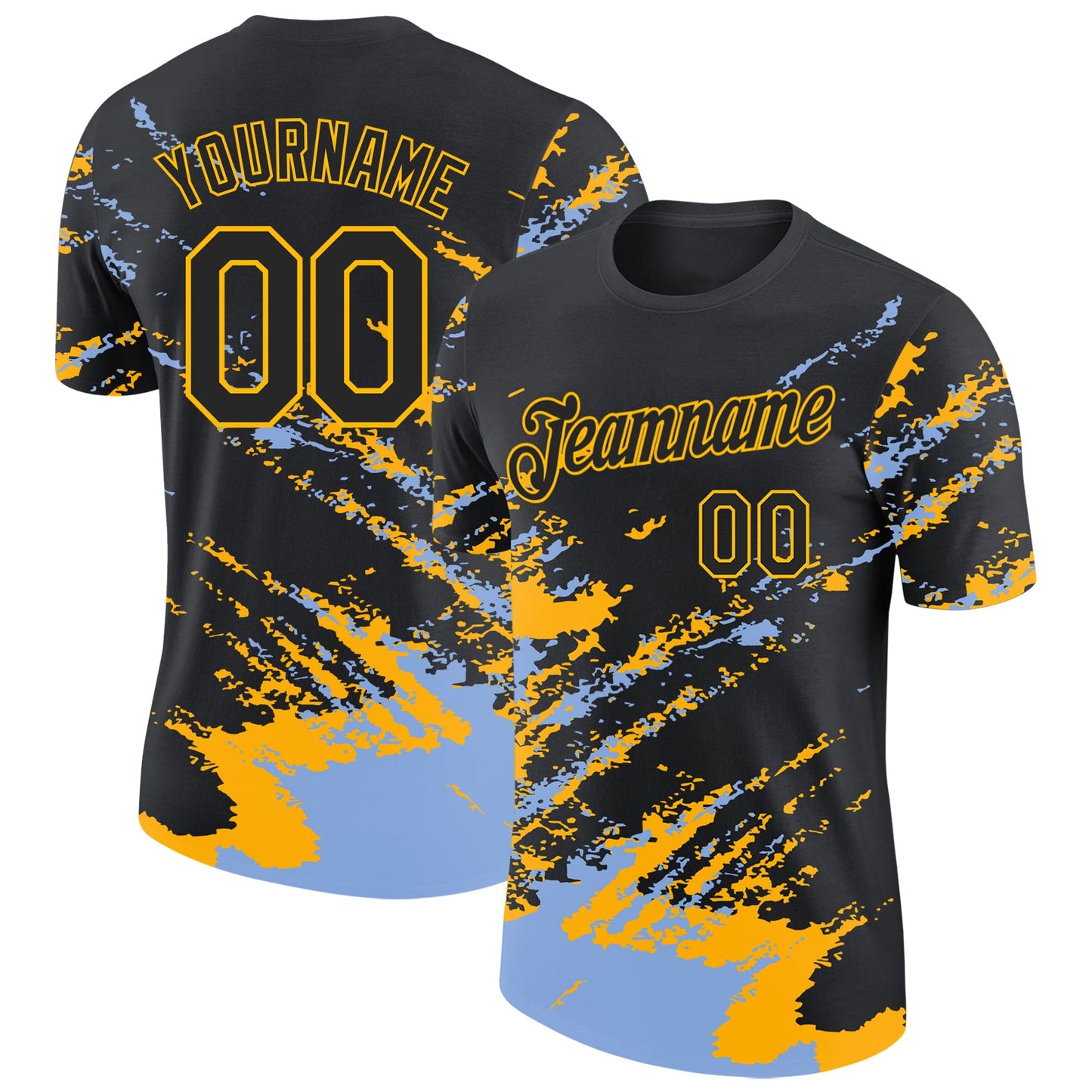 Custom Black Light Blue-Gold Brush Stroke Shatter Splatter Performance T-Shirt - Main View