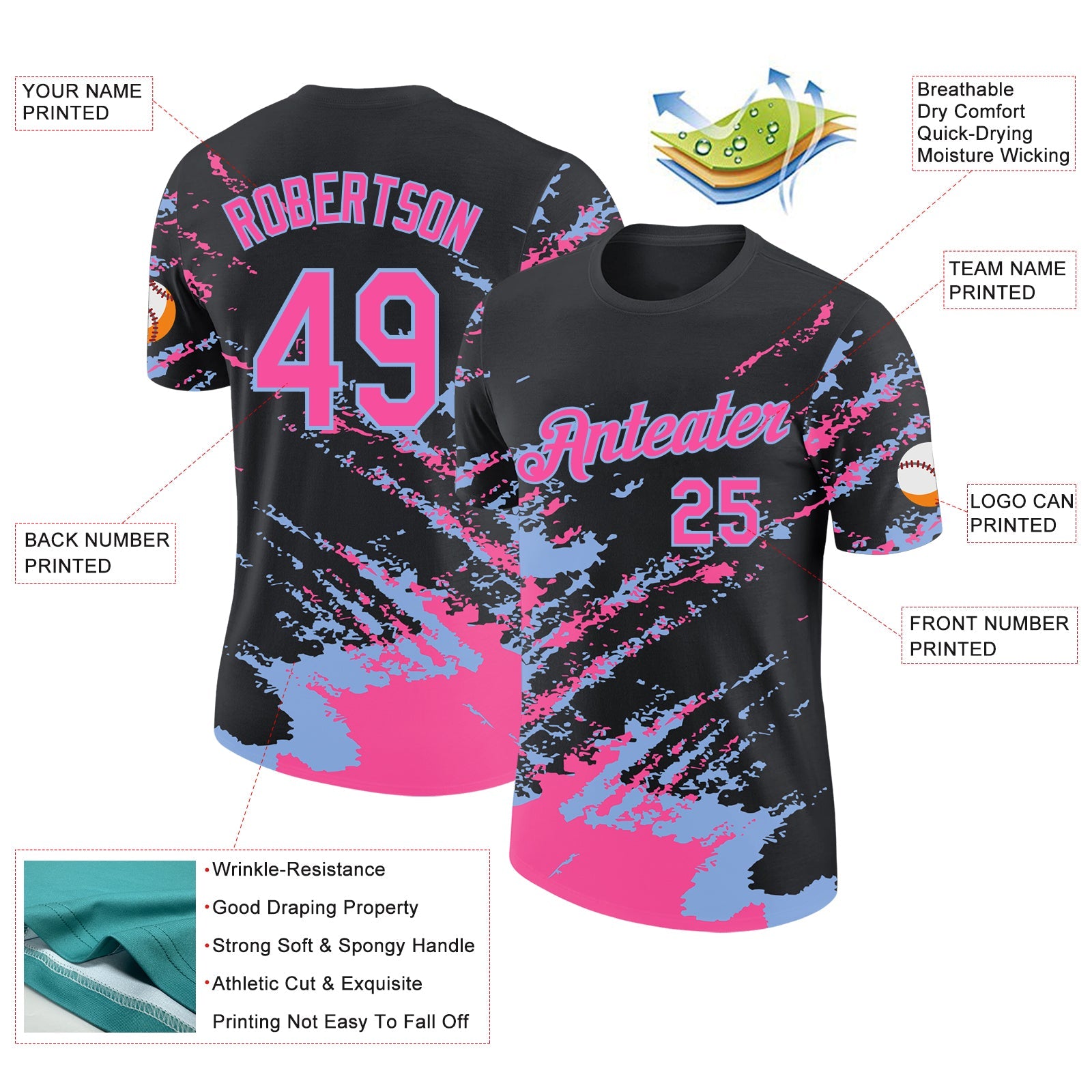 Custom Black Pink-Light Blue Brush Stroke Shatter Splatter Performance T-Shirt view 2