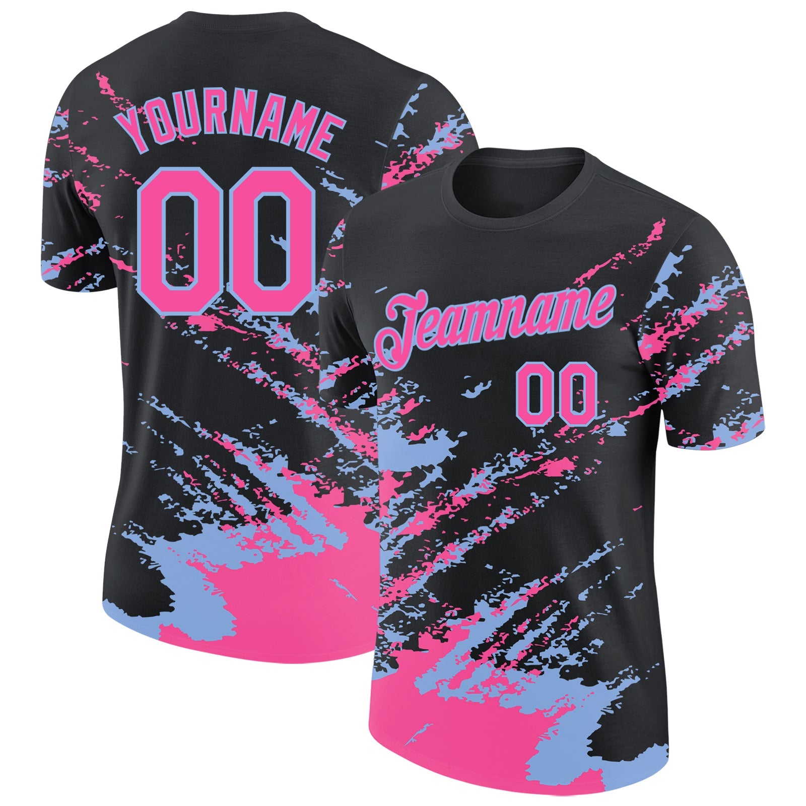 Custom Black Pink-Light Blue Brush Stroke Shatter Splatter Performance T-Shirt - Main View