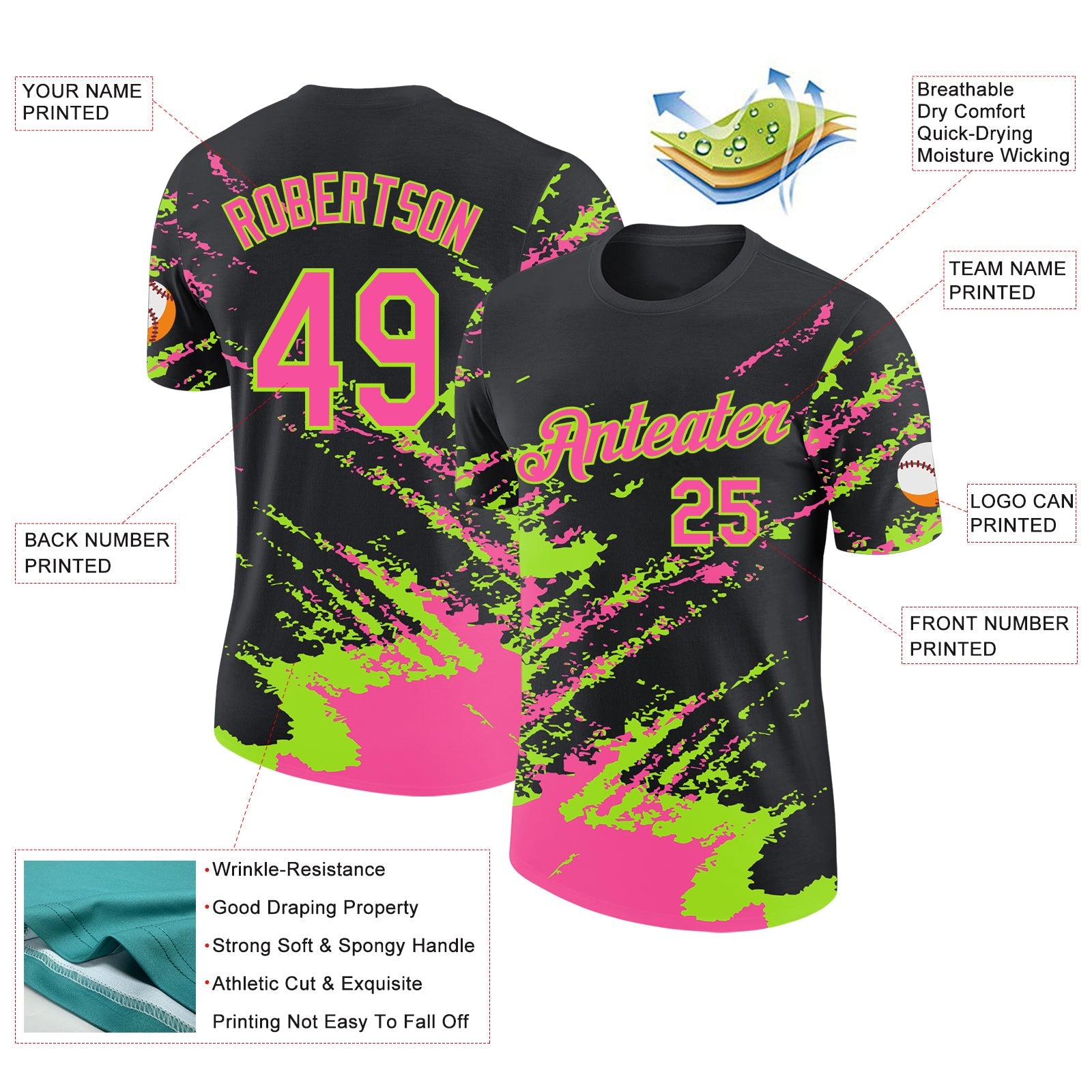 Custom Black Pink-Neon Green Brush Stroke Shatter Splatter Performance T-Shirt view 2