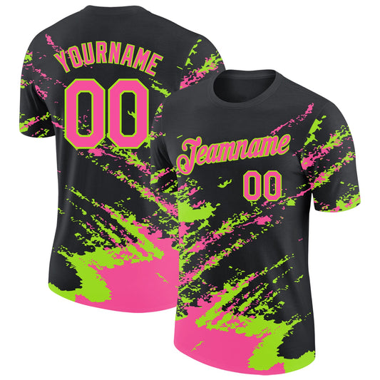 Custom Black Pink-Neon Green Brush Stroke Shatter Splatter Performance T-Shirt - Main View