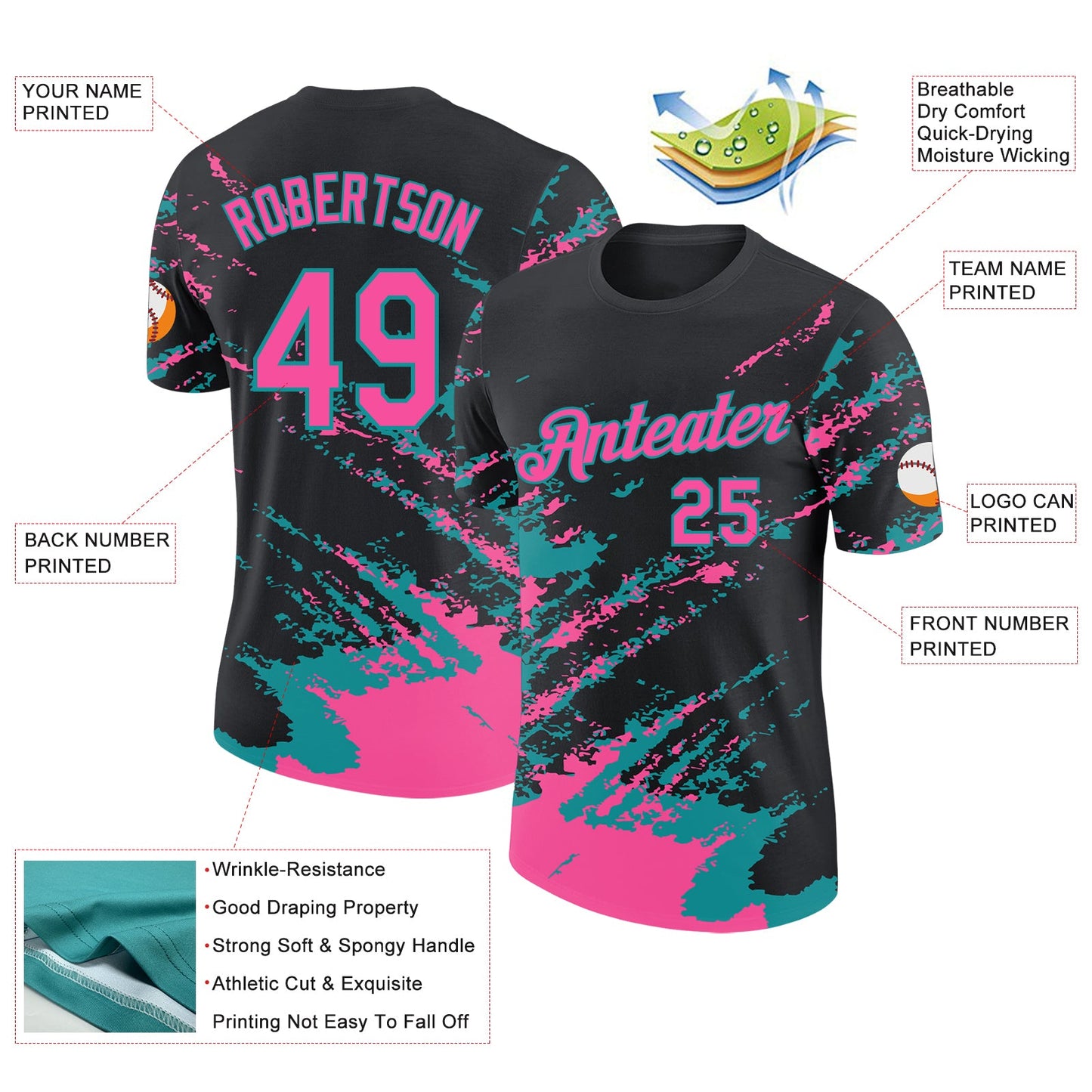 Custom Black Pink-Teal Brush Stroke Shatter Splatter Performance T-Shirt view 2