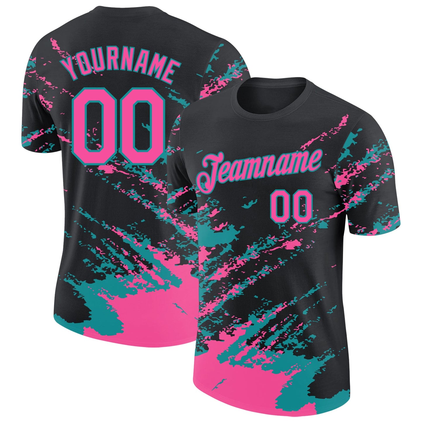 Custom Black Pink-Teal Brush Stroke Shatter Splatter Performance T-Shirt - Main View