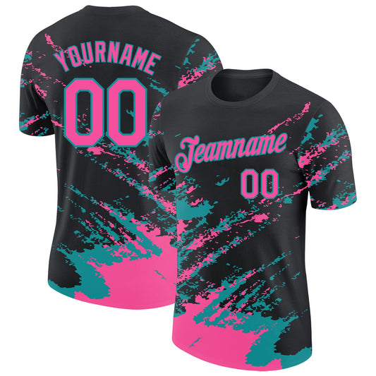 Custom Black Pink-Teal Brush Stroke Shatter Splatter Performance T-Shirt - Main View
