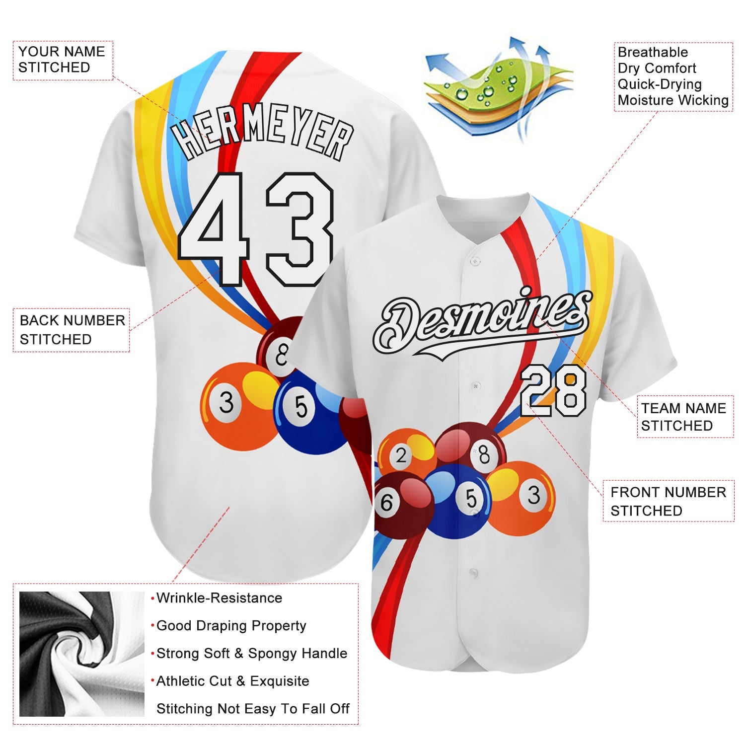 Custom White Black 3D Pattern Design Billiards Authentic Baseball Jersey view 3